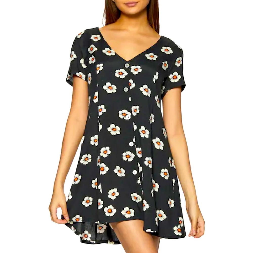 RVCA Pirate Black w/Cream Flowers Orange Centers Understated Mini Dress